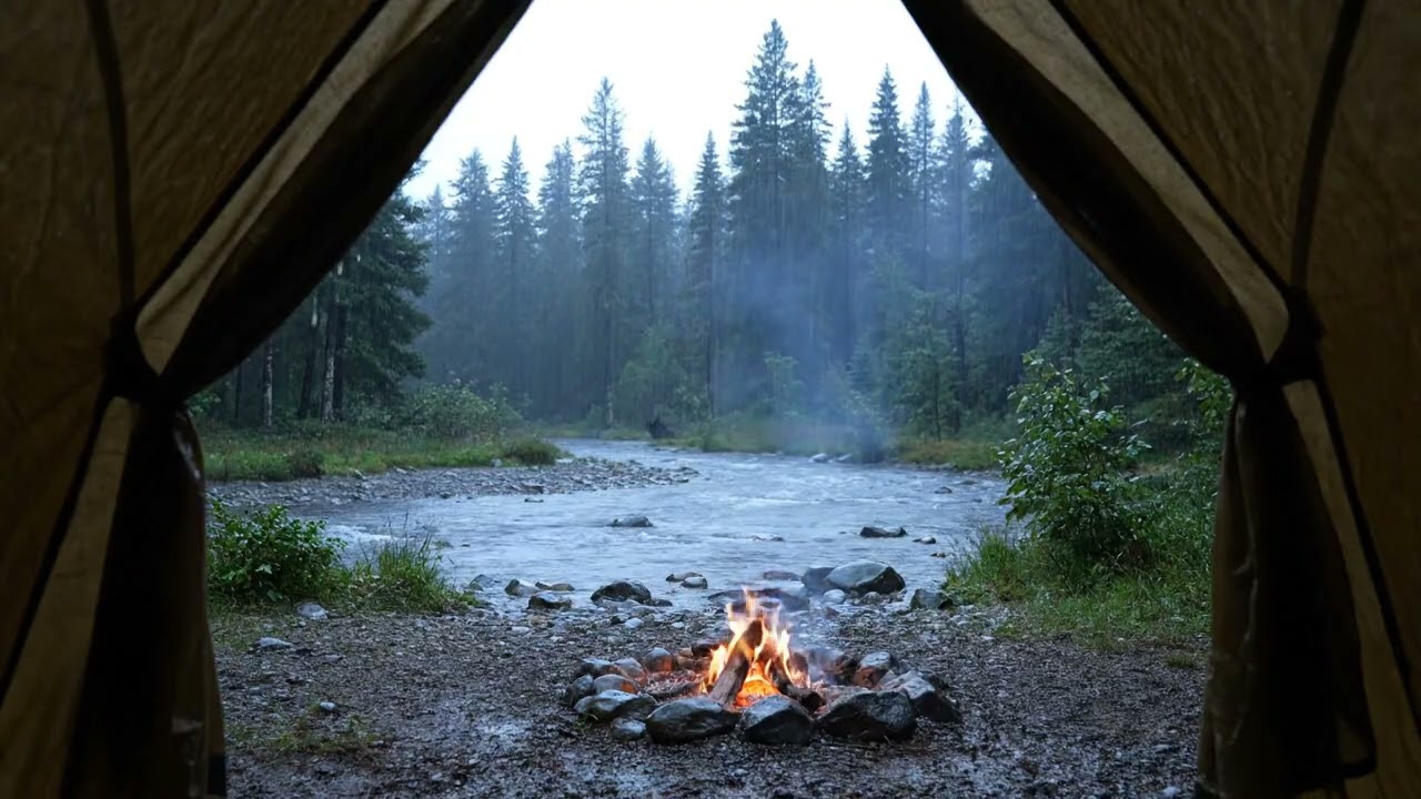 Rainy Forest River Campfire Ambience Inside a Cozy Tent for Deep Sleep and Relaxation 10 Hours