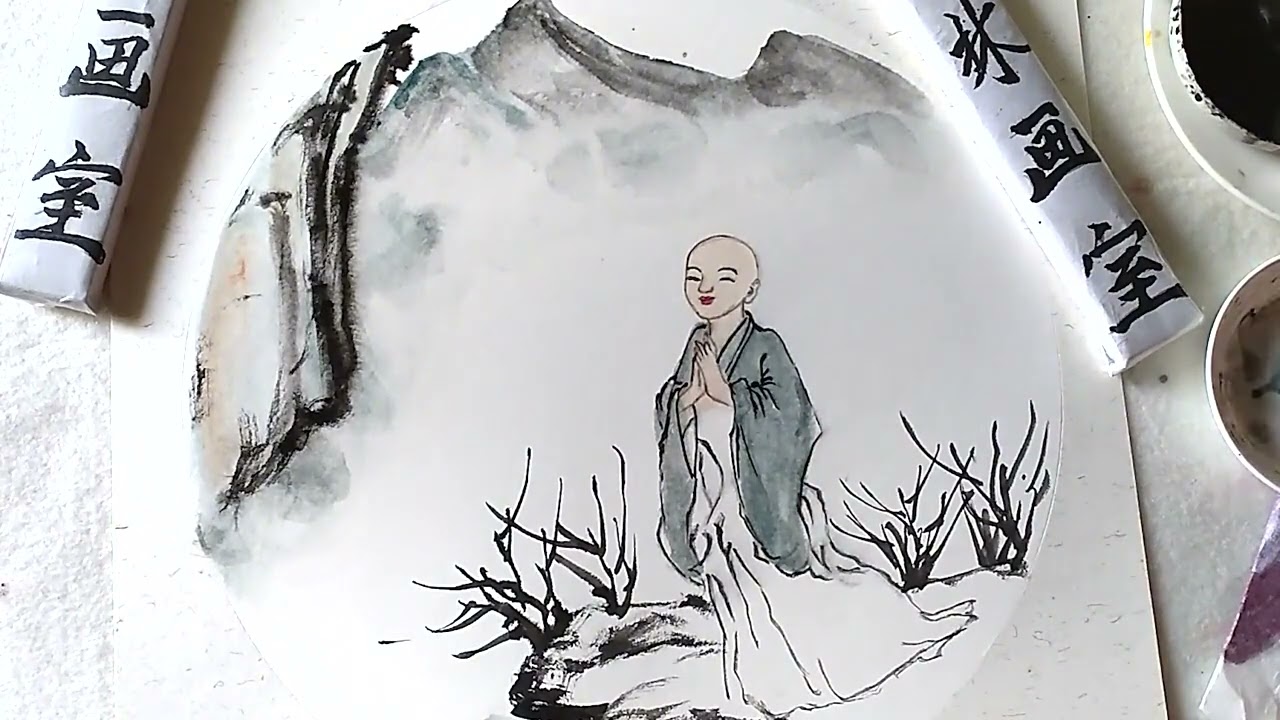 画秋天里的小和尚，水墨线描画人物。就这么简单，看完你也会