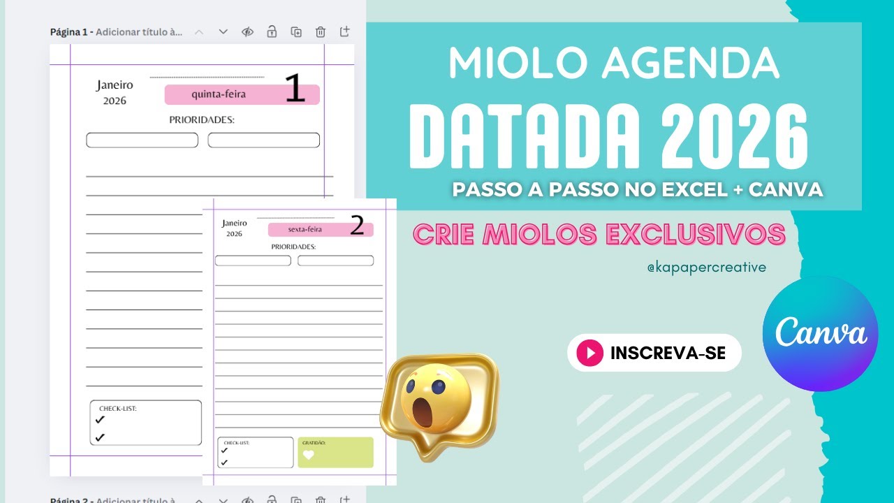 AULA 3 - COMO CRIAR MIOLO AGENDA DATADA 2026 - TUTORIAL CANVA + EXCEL