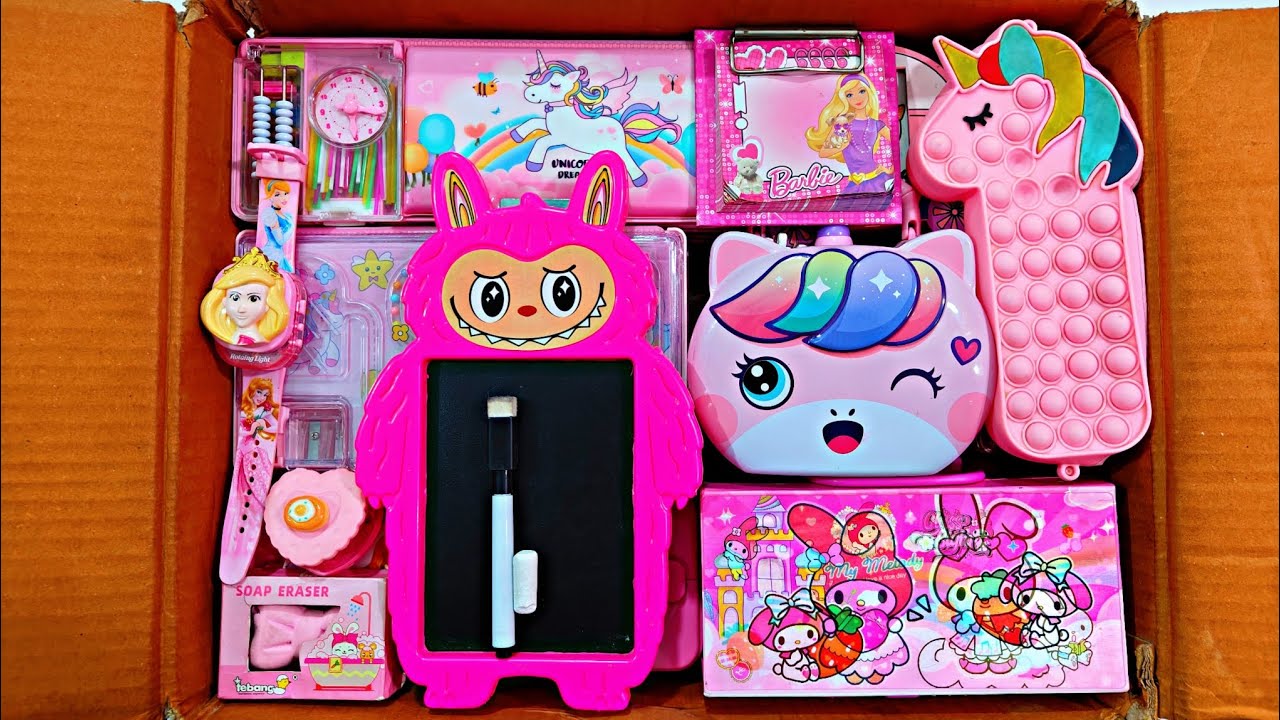 Unboxing Modern Pink Stationery 📚, Pencil Case, Pouch, Piggy Bank, Sketch Board, Sharpener, Erasner 