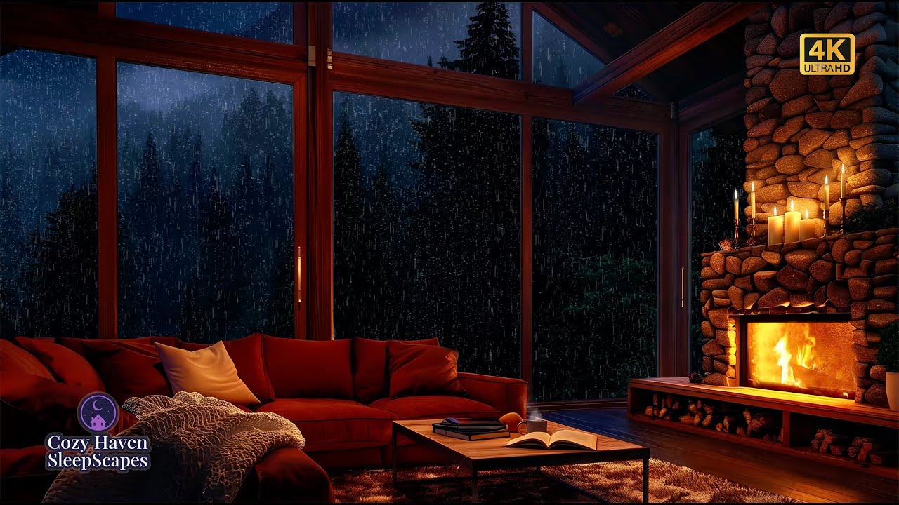 Cozy Rainy Cabin Living Room 🌧️🔥 Fireplace Ambience, Rain on Windows & Deep Sleep Sounds (4K)
