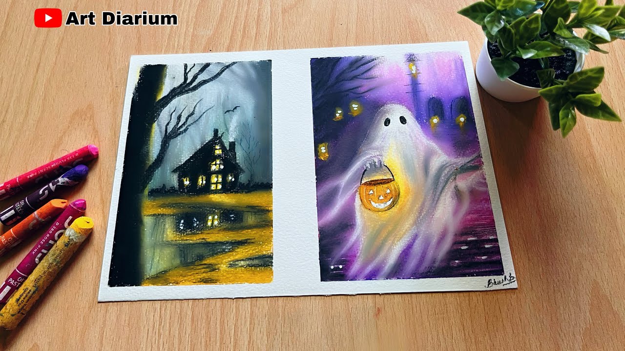 Easy! Halloween Drawing Ideas with Oil Pastel for beginners - step by step