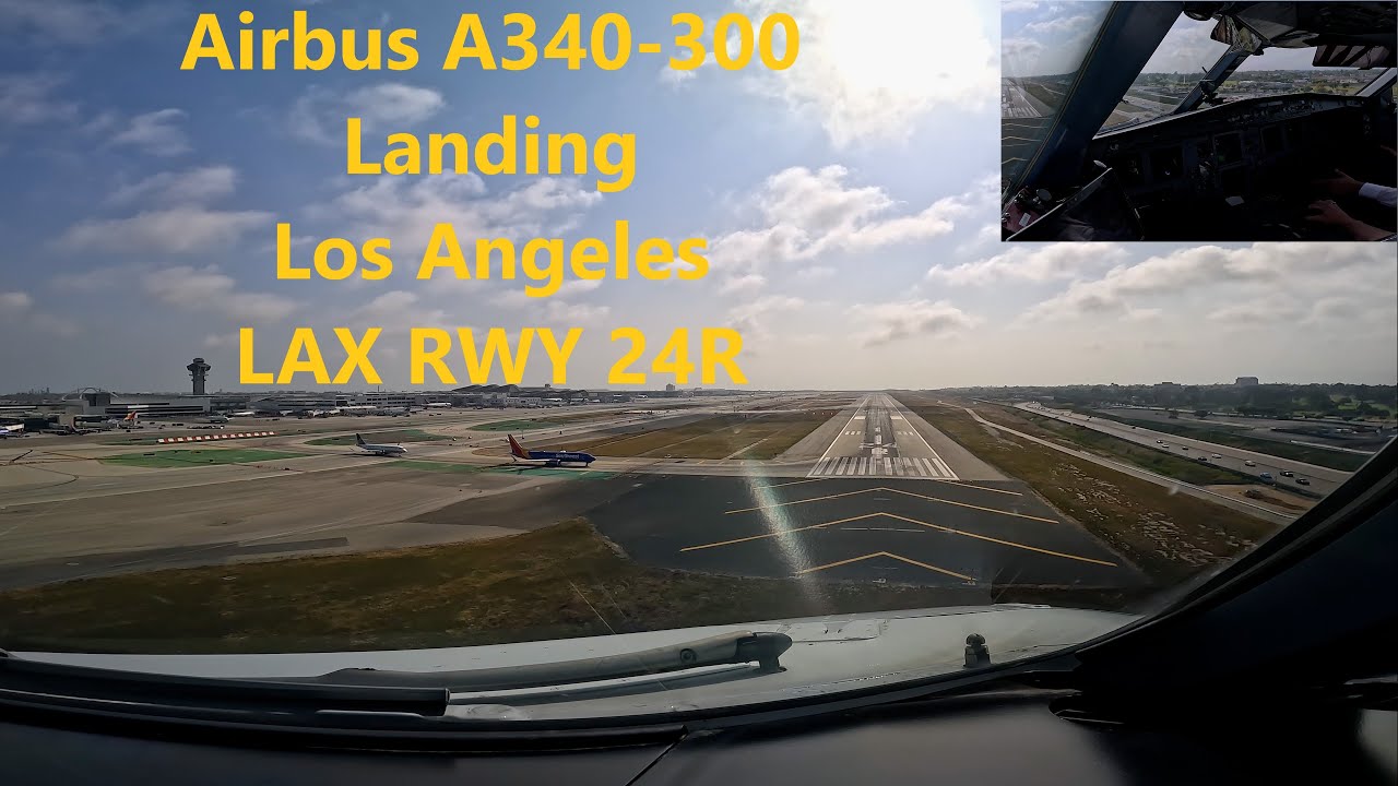 Вид кабины Airbus A340-300 — посадка на взлетно-посадочную полосу 24R в аэропорту Лос-Анджелеса (...