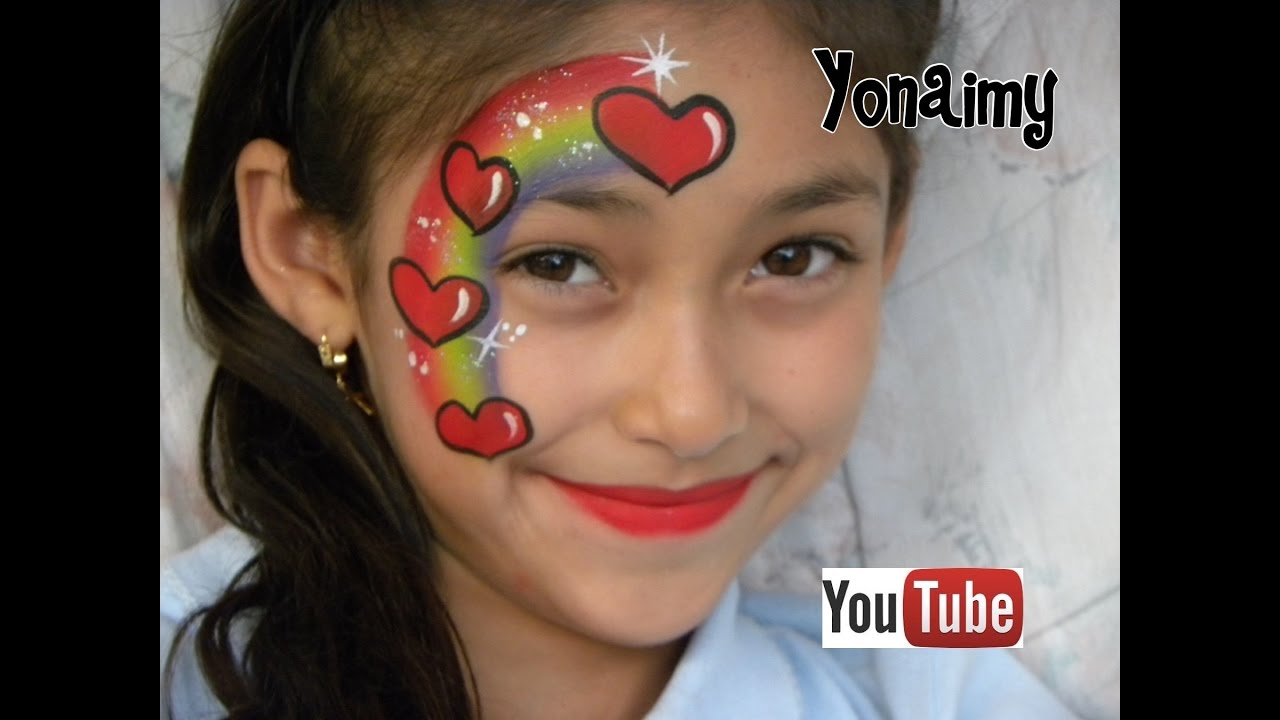 PINTACARITAS DE ARCOIRIS CON CORAZONES, FACE PAINTING RAINBOW HEARTS