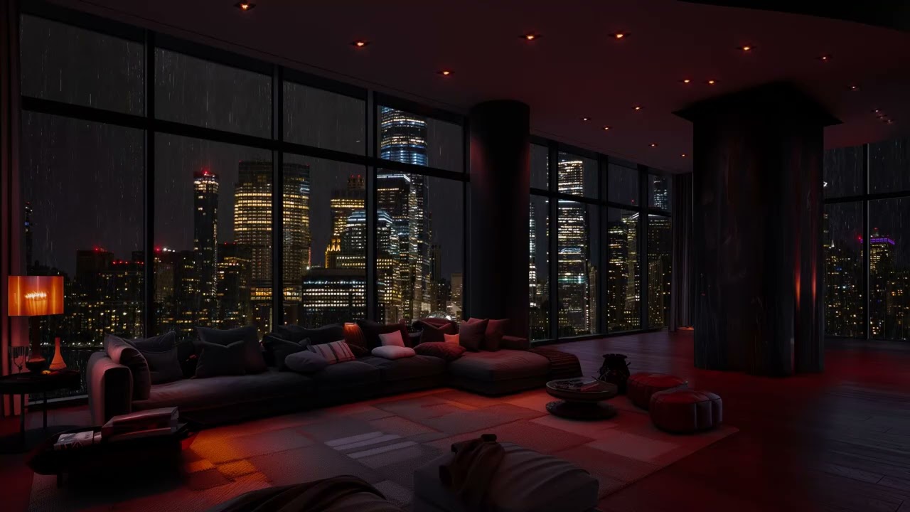 Heavy Rain On The Window At Night, The City View From Above - The Rain Helps Relieve Stress