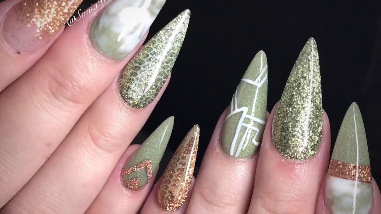 Olive Green & Gold Acrylic Nails | Not Polish