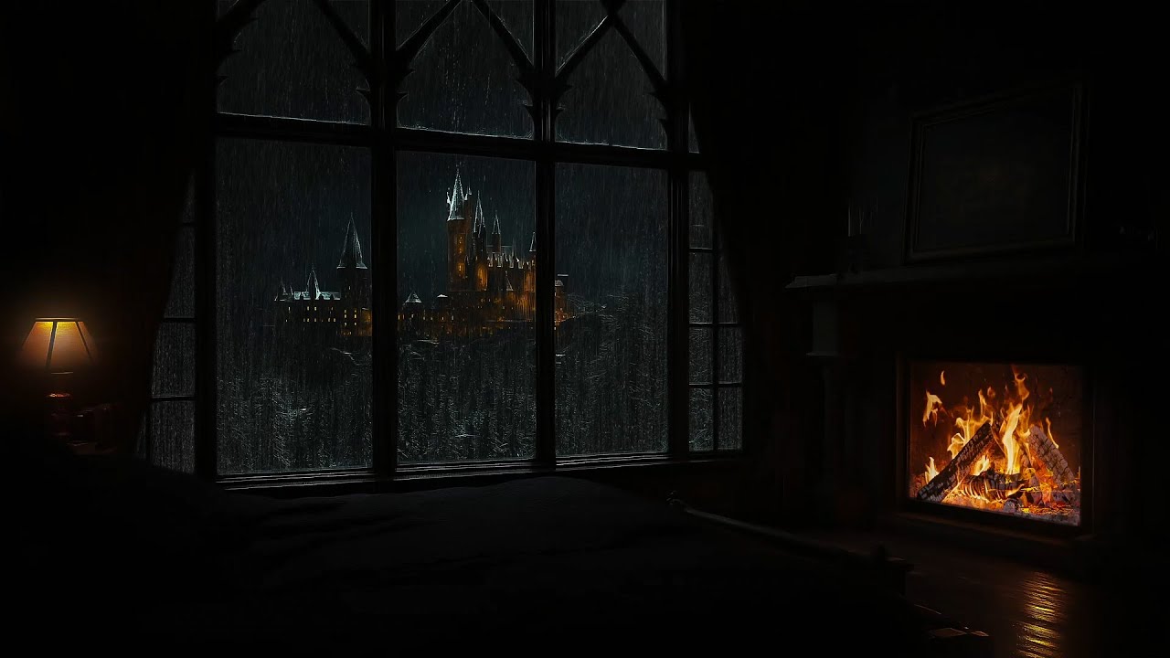 Magic Castle Rainstorm Night 🏰 Cozy Fireplace Crackling ASMR | Helps Sleep Deeply, Relieve Stress