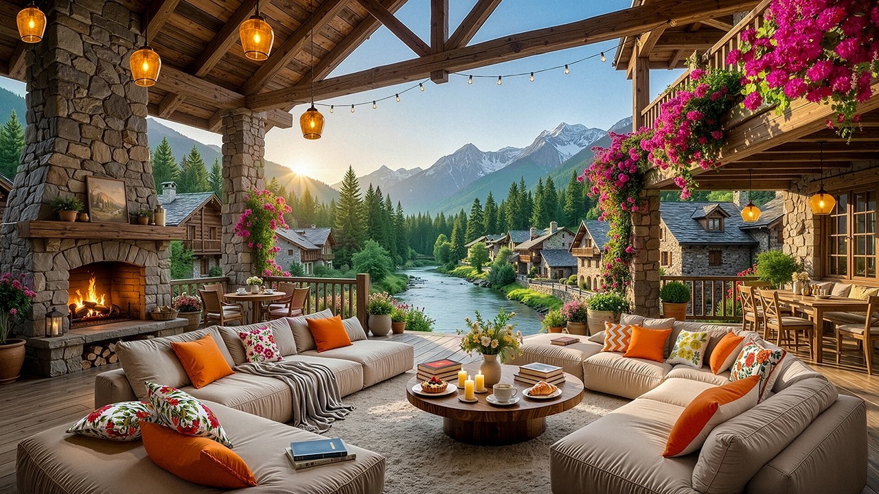 Sunlit Spring Riverside Café Ambience | Soft Jazz Melodies with Gentle Breeze & Warm Fireplace Glow