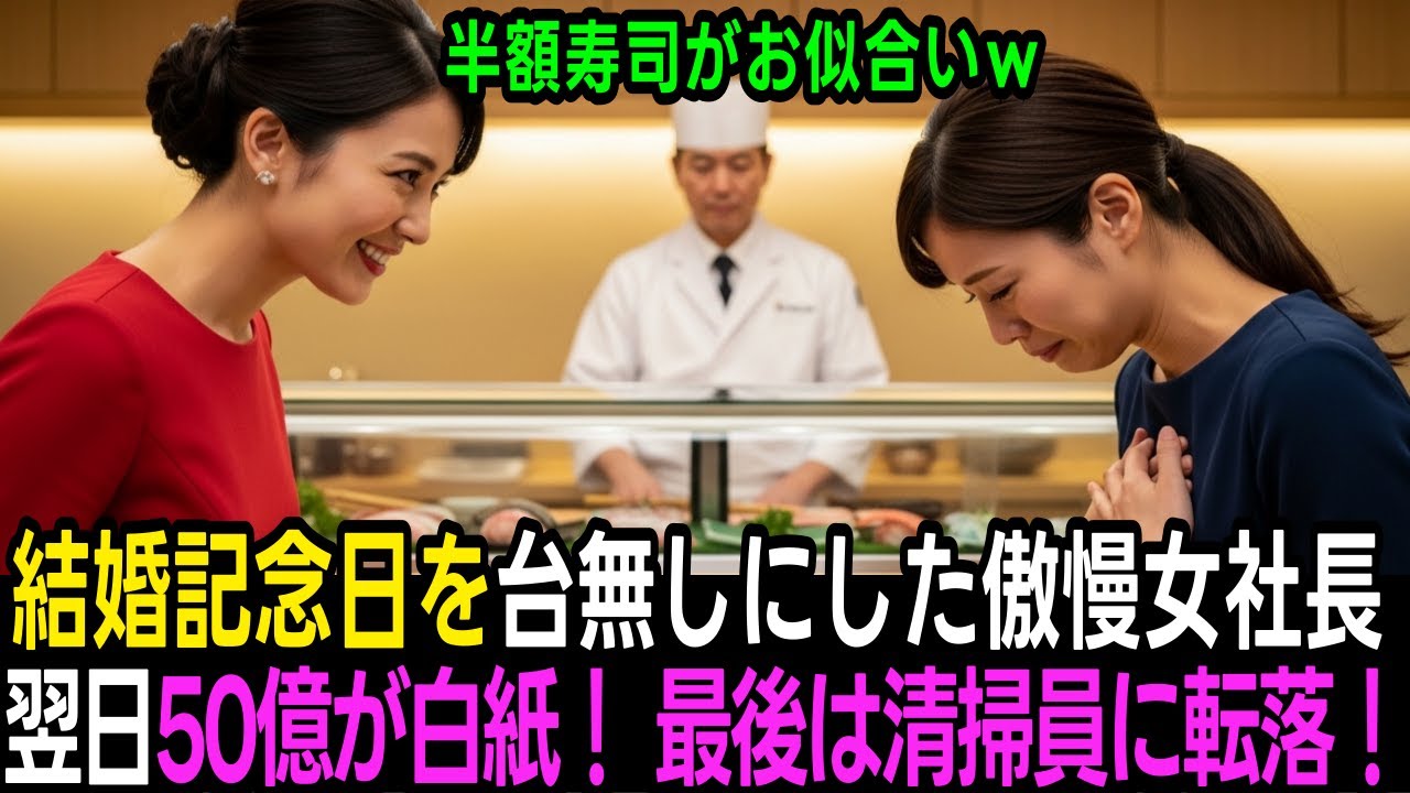 「立ち食いそばがお似合いよｗ」高級寿司店で私を追い出した女社長。→翌日、50億契約が白紙に！審査責任者は、半額寿司を食べる私の夫だったｗ | 感動する話 | スカッとする話
