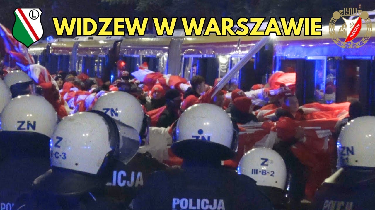 LEGIA - WIDZEW ŁÓDŹ 2024 - Przyjazd kibiców Widzewa do Warszawy, akcja i alarmowo radiowozy Policji