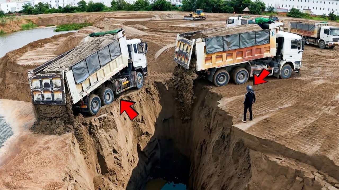 Start New Project !!  Dump Truck 5Ton Back Uploading Stuck, Technique Rescue by Doze Pushing.