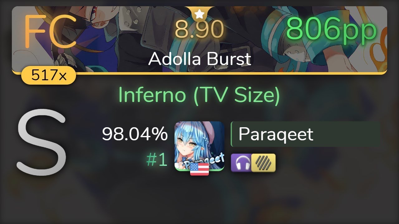 [8.90⭐] Paraqeet | Mrs. GREEN APPLE - Inferno (TV Size) [Adolla Burst] +HDNC 98.04% {#1 806pp FC}
