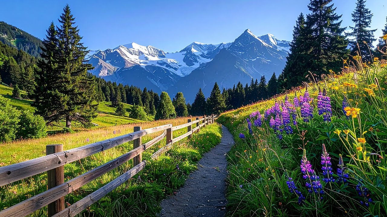 Peaceful Alpine Meadow with Ambient Forest Sounds, Wildflowers, and Snow-Capped Summits