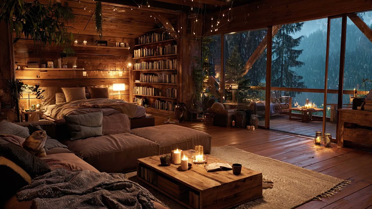 Rain Sounds on Cozy Cabin Window at Night 🌧️ Fireplace & Candlelight for Deep Sleep (3 Hours)