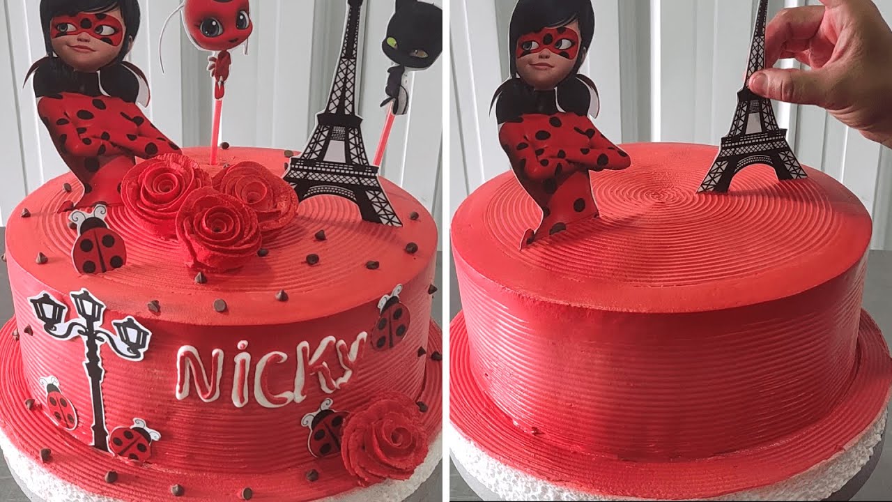 Decoración de pastel sencillo de LADYBUG en crema chantilly con topper
