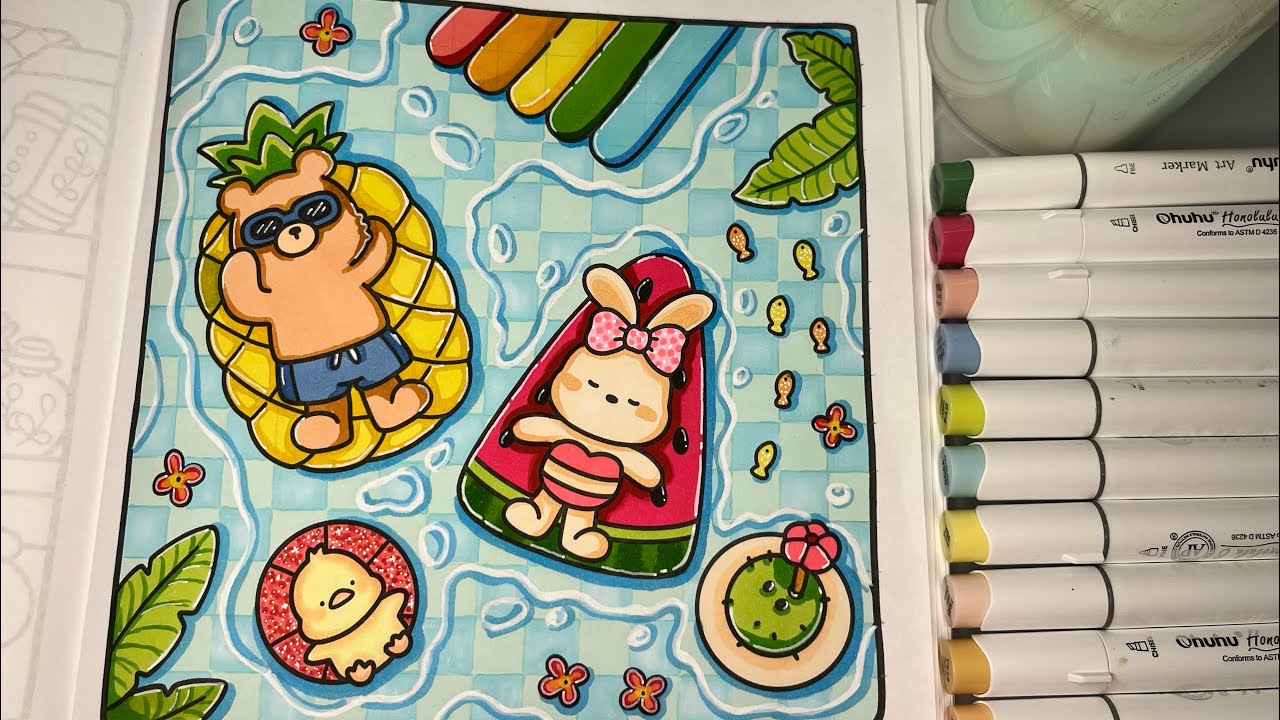 Cozy Friends by Coco Wyo | How to Color a Pool | Realxing ASMR #cocowyo #ohuhumarkers #adultcoloring