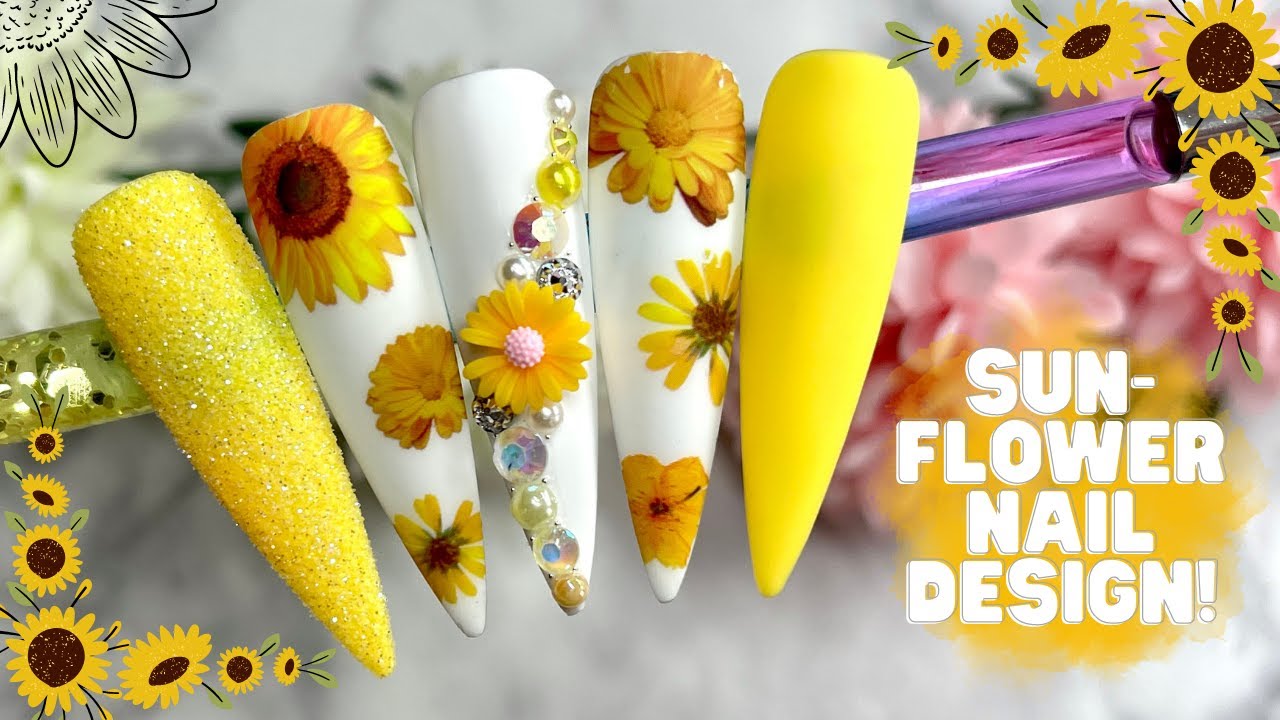 SUNFLOWER NAIL DESIGN | NAIL TUTORIAL| PRESS ON NAILS| TRANSFER FOIL NAILS| NAIL CRYSTALS