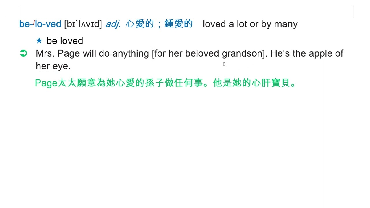 beloved  [bɪ`lʌvɪd] adj. 心愛的；鍾愛的