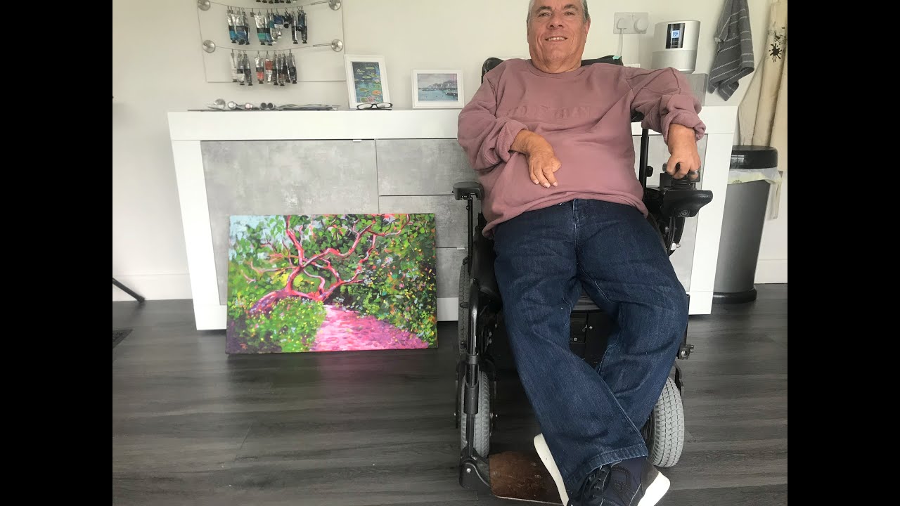 Painting by mouth - Fallen tree at Exbury Gardens (Oils on canvas)
