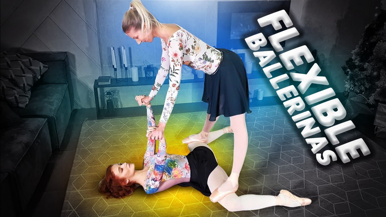 Flexible ballerinas doing stretching for flexibility. Contortion training. Pointe shoes. Flexshow
