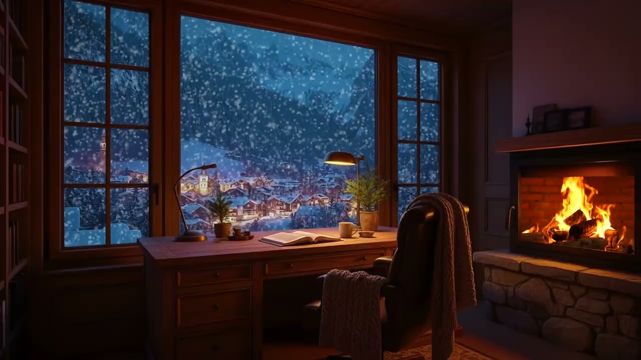 Peaceful Mountain Cabin Snowfall & Warm Fireplace Ambience for Deep Sleep, Study and Relaxation