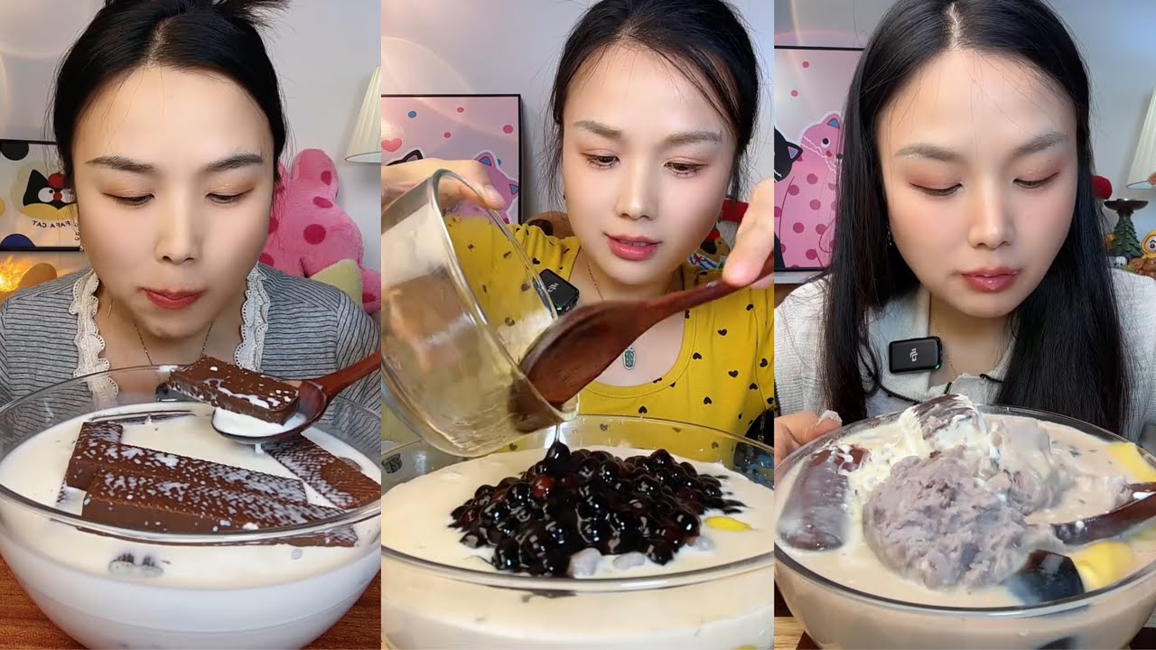 asmr mukbang - chocolate pudding, boba milk cream cake, chocolate mousse dessert eating sound