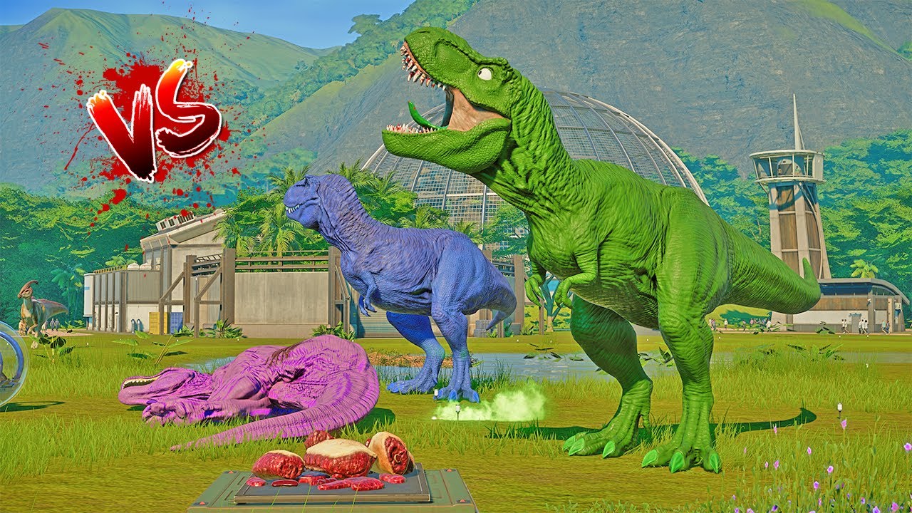 Which color T-Rex is stronger? Colorful dinosaurs are fighting! Red or Blue, which one?