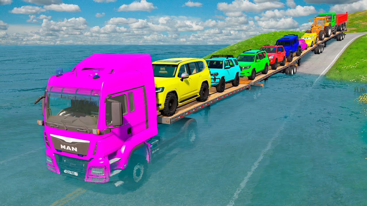 Triple Flatbed Trailer McQueen Transportation with Truck - Speedbumps vs Cars vs Train - BeamNG #227