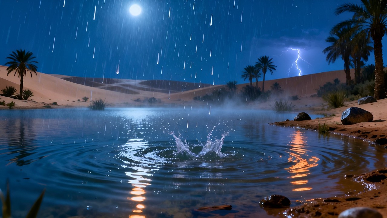 Soothing Rain Sounds by a Desert Oasis at Night