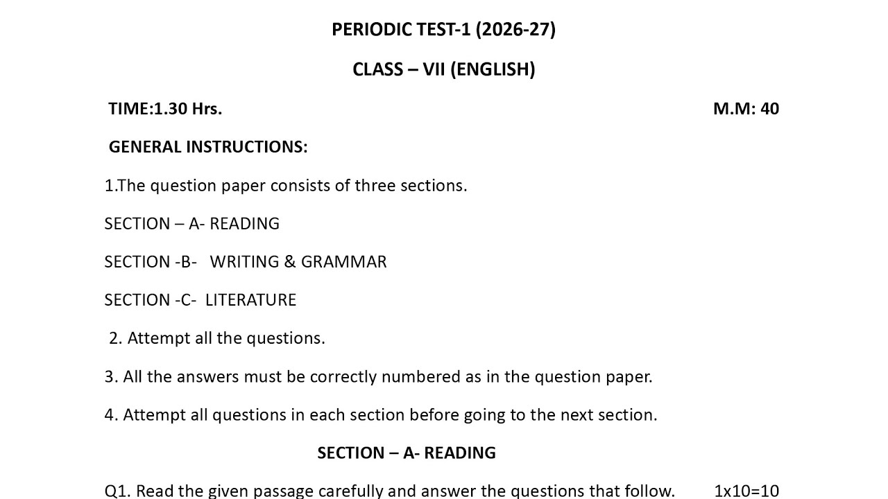 Class-7 English / Question Paper 2026-27 / Periodic Test-1 PT-1 Paper PM SHRI KENDRIYA VIDYALAYA