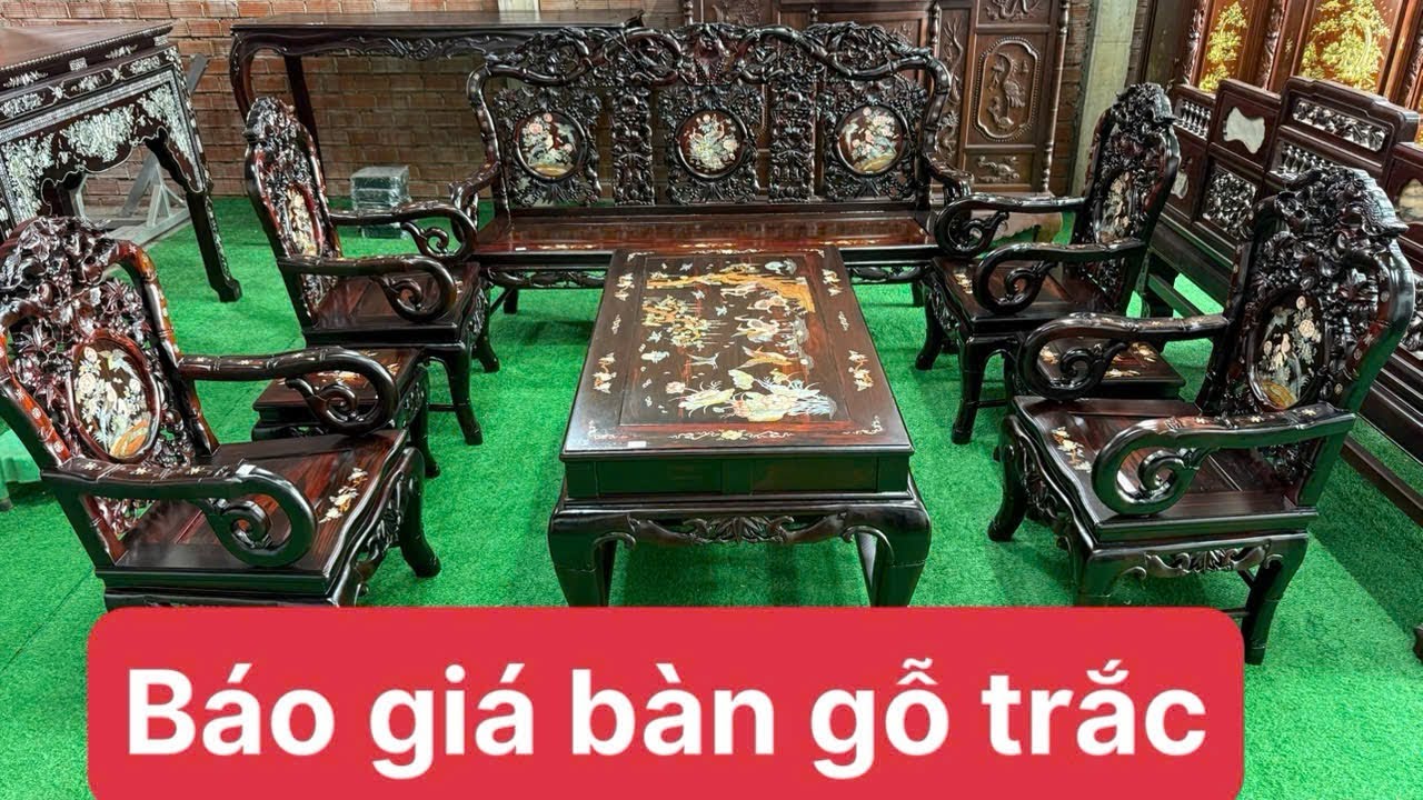 Giới thiệu bàn gỗ trắc 8 món, tủ chưng bài đục trạm tích, bàn làm việc, tranh, tủ thờ, đồ xưa Mekong