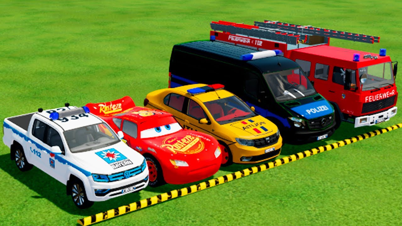 VOLKSWAGEN, MCQUEEN, DACIA POLICE CARS & MERCEDES FIRE TRUCK VEHICLES TRANSPORTING ! FS22 #11