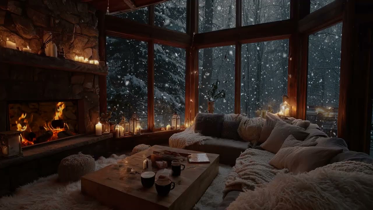 Silent Winter Cabin Night with Fireplace Crackling & Snowfall Sounds for Deep Sleep, Study and Rest