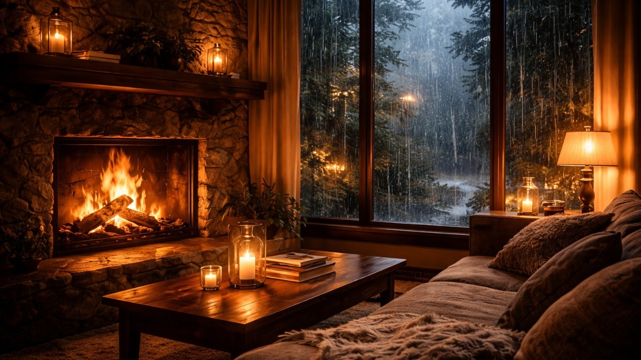 Rain & Fireplace 8 Hours – Cozy Night Ambience for Sleep & Relaxation