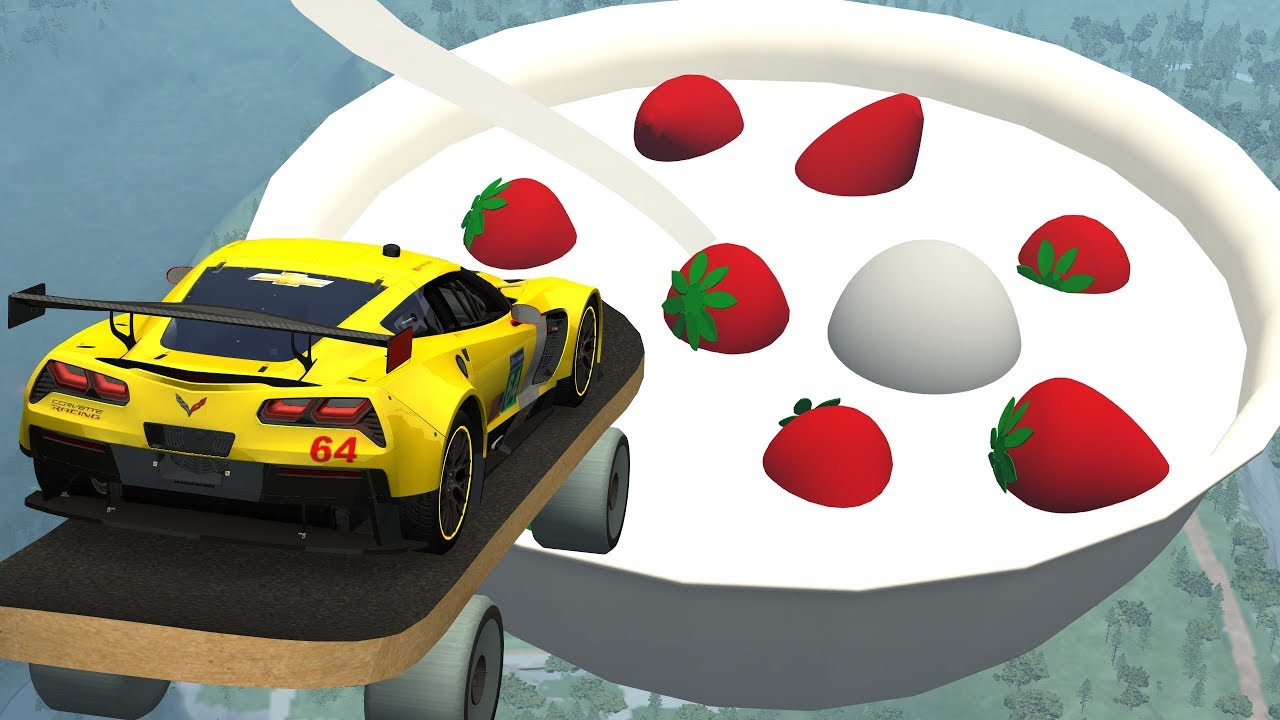 Open Bridge Crashes over Giant bowl with strawberries in cream - Beamng drive
