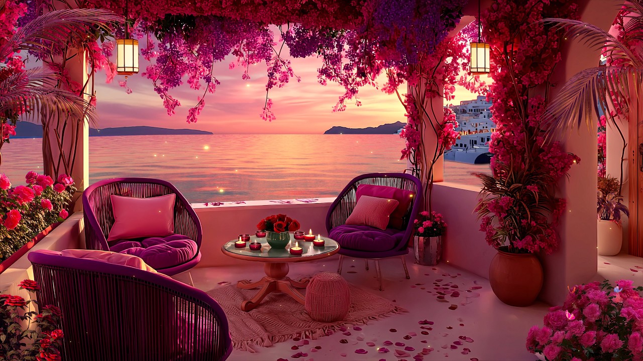 Valentine Sunset Jazz 💕 Pink Balcony by the Sea with Candlelight Romance