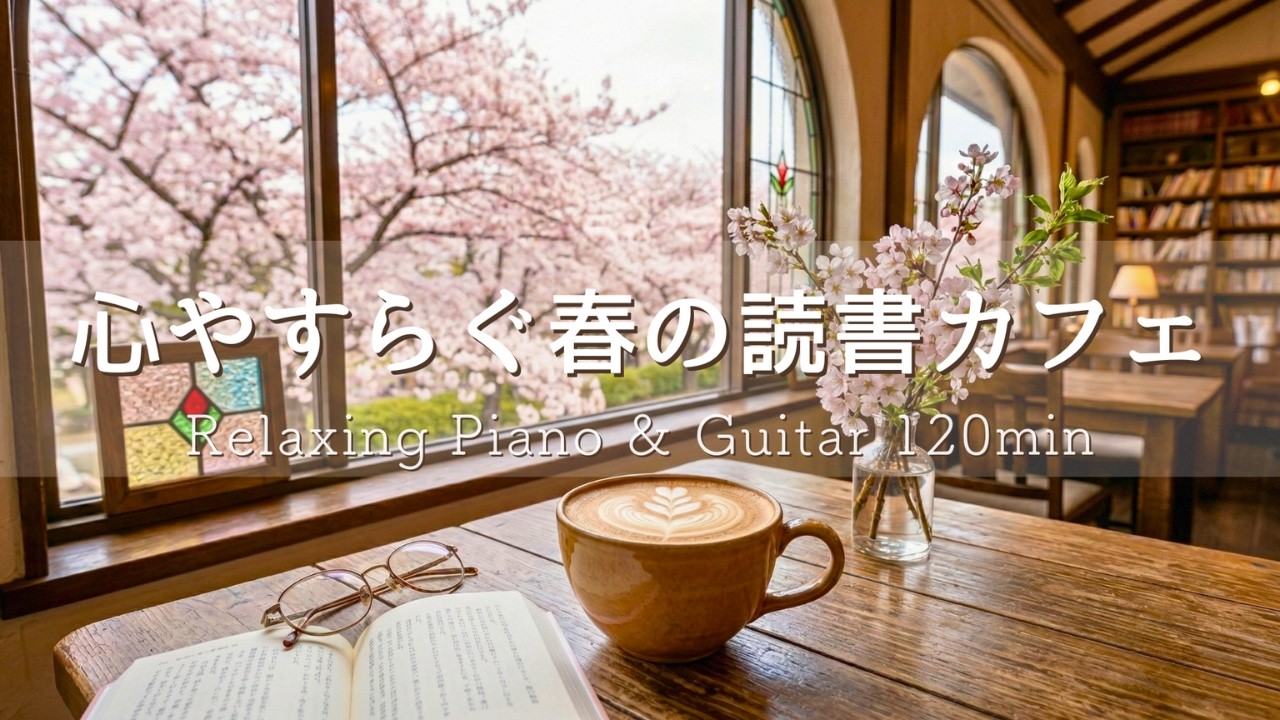 【癒しBGM】穏やかな春の読書カフェ🌿 桜の窓辺で心整うひととき｜ Relaxing Piano & Guitar 120min｜リラックス・読書・勉強・作業用音楽