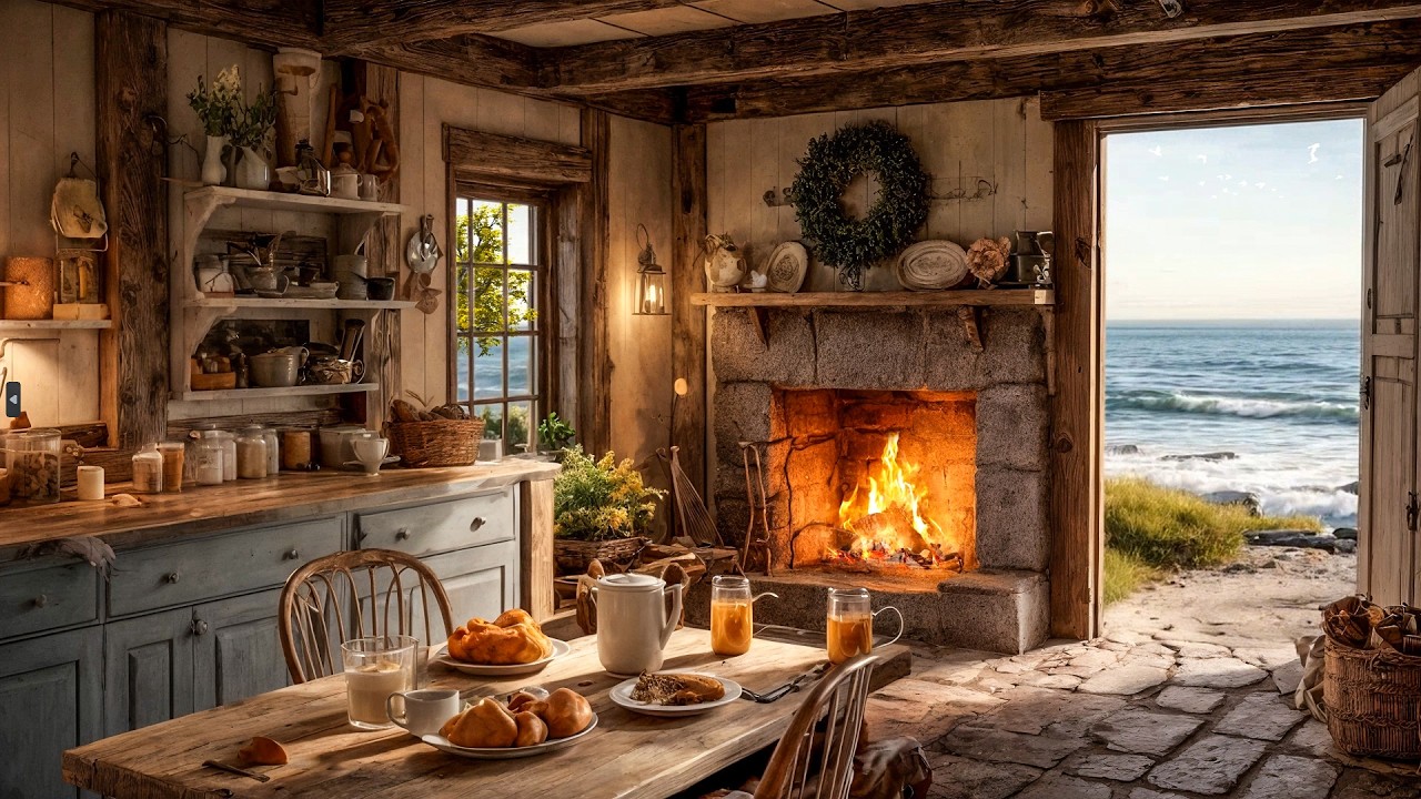 Healing Seaside Cottage Morning 🌊🔥 | Cozy Fireplace & Gentle Ocean Sounds for Focus, Relaxation