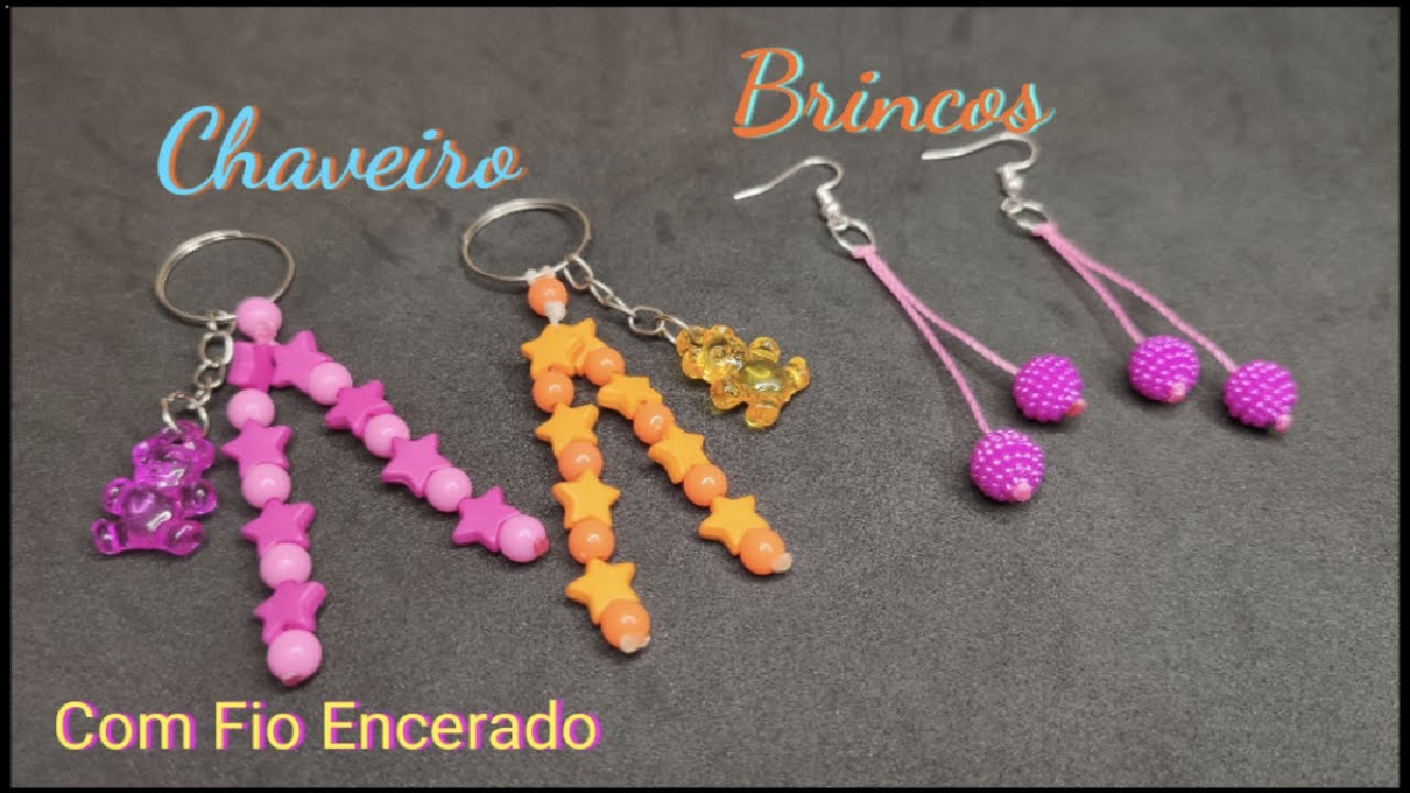 Chaveiro e Brincos feitos com Fio Encerado