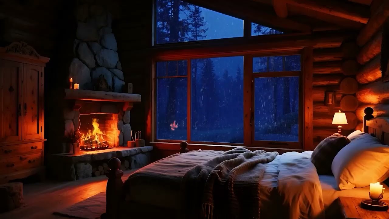 Rain Sounds for Deep Sleep 🌙  Cozy Fireplace Cabin