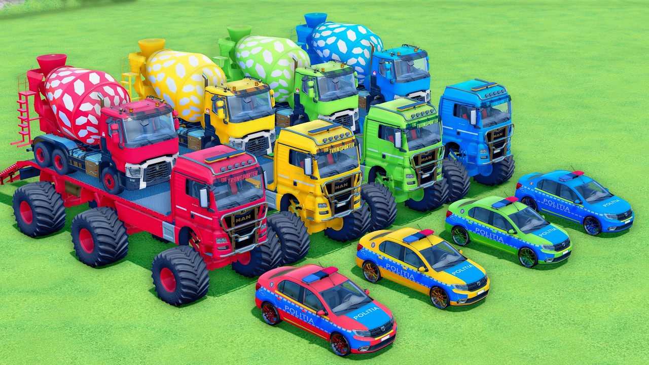 TRANSPORTING POLICE CARS, MIXER TRUCKS and FIRE TRUCKS with MAN TRANSPORTERS! Farming Simulator 22
