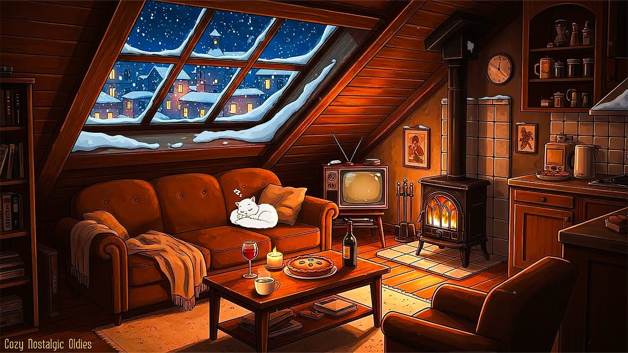 warm snowy winter night | 1950s vintage jazz oldies playing in another room ❄️ sleep, relax, unwind