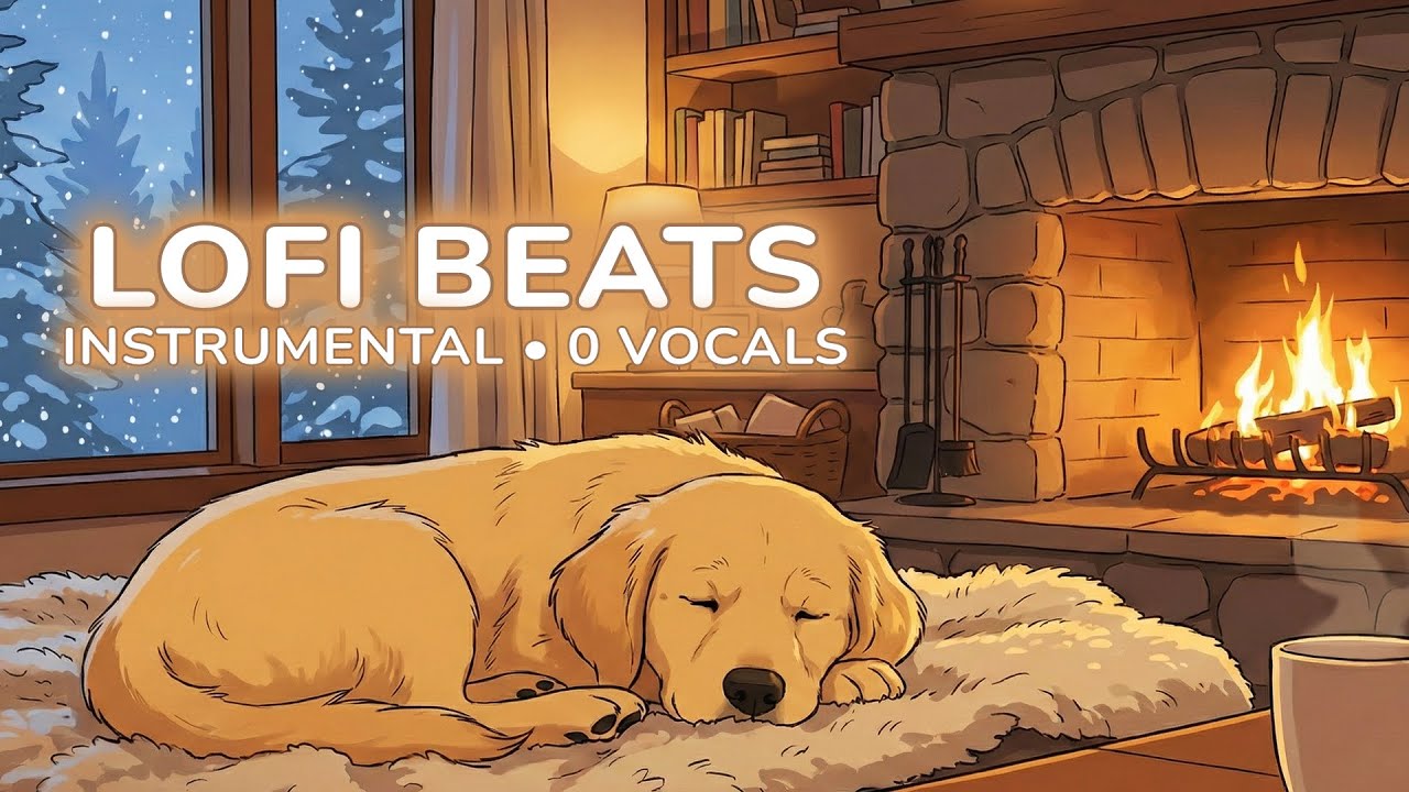 Cozy Lofi Beats 🌙 Instrumental Music for Sleep | Sleepy Puppy Fireplace 🐶🔥 (1 Hour)