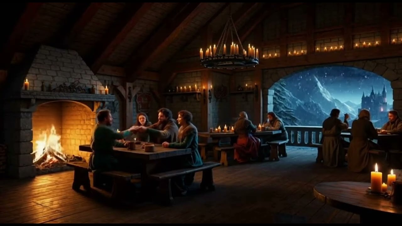 Cozy Tavern Comes to Life 🔥❄️ | Snow Outside Window | 3 Hours Medieval Ambience