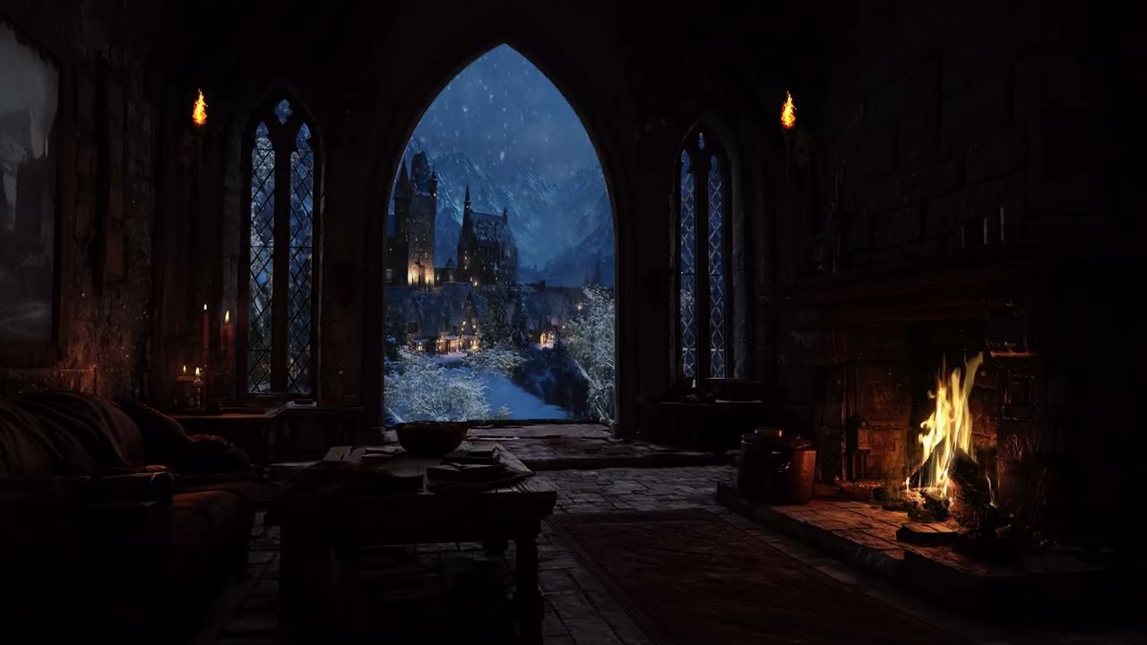 Cozy Victorian Castle Night Ambience – Snowstorm Winds & Crackling Fire Sounds for Deep Sleep
