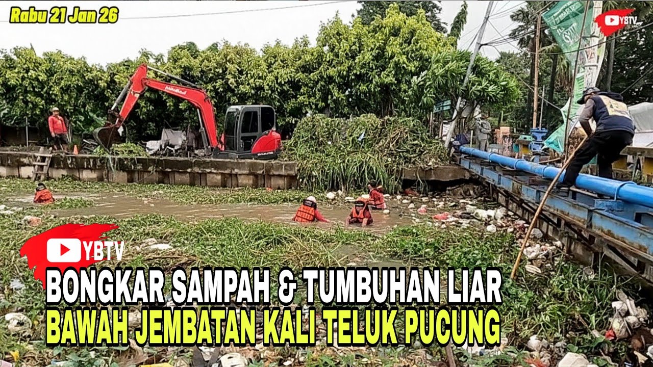 BONGKAR SAMPAH & TUMBUHAN LIAR BAWAH JEMBATAN KALI TELUK PUCUNG BEKASI KOTA