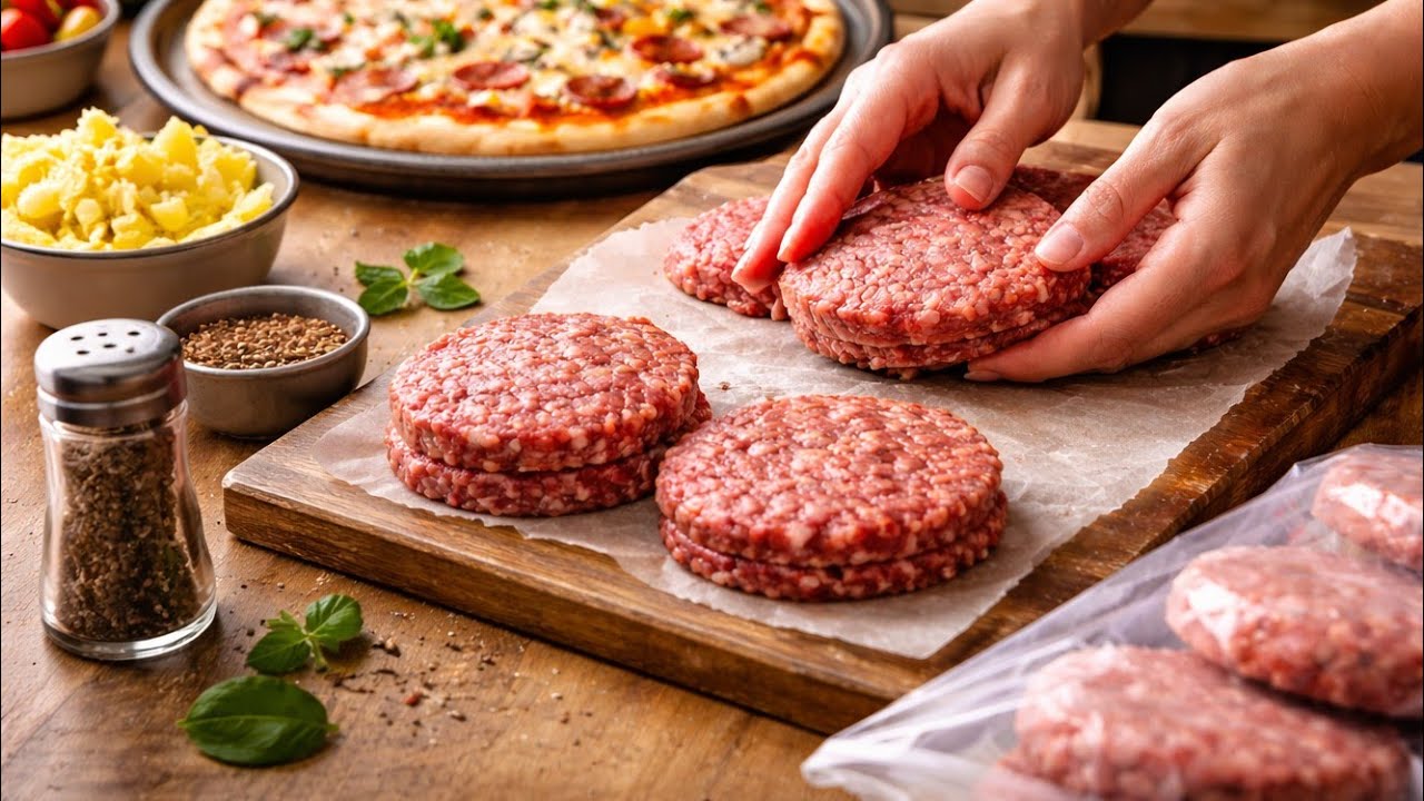همبرگر خونگی برای فریزر + پیتزا گرمHomemade Burger Patties for the Freezer + Hot Fresh Pizza