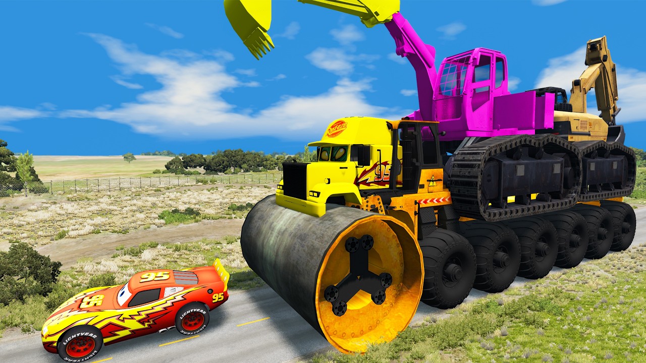 Giant CRUSHER DOZER Mack Truck Eater VS Cars Lightning McQueen Escape Monster Beamng Drive