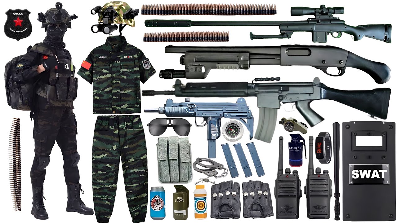 Special Forces military toy gun set unboxing, Carbine rifle, tank, time bomb, Barrett sniper rifle