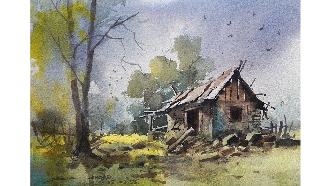 Old Hut Watercolor Landscape Painting